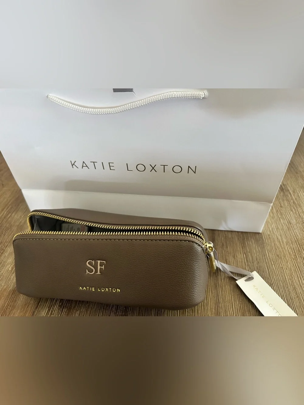 Katie Loxton Brown Monogram Cosmetic Pouch with Gold Zipper